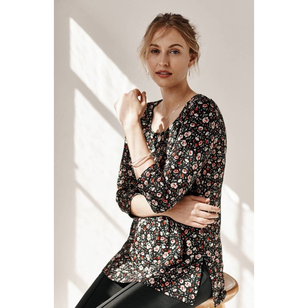 J‎ Jill Wearever Collection 3/4 Sleeve Pullover Tunic Top Black Floral Size MT